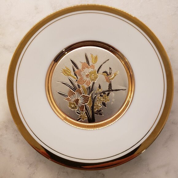 The Art of Chokin 24k Gold Edged Plate Decorated with Bird and Flowers - Picture 4 of 12